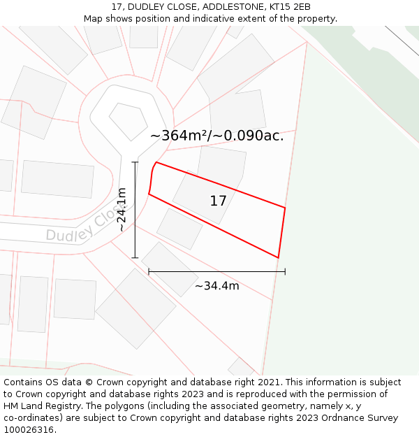 17, DUDLEY CLOSE, ADDLESTONE, KT15 2EB: Plot and title map