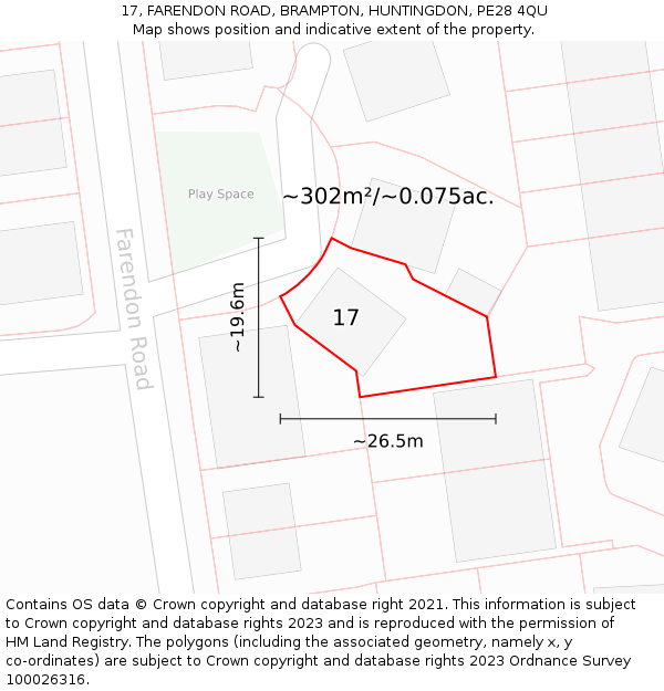 17, FARENDON ROAD, BRAMPTON, HUNTINGDON, PE28 4QU: Plot and title map