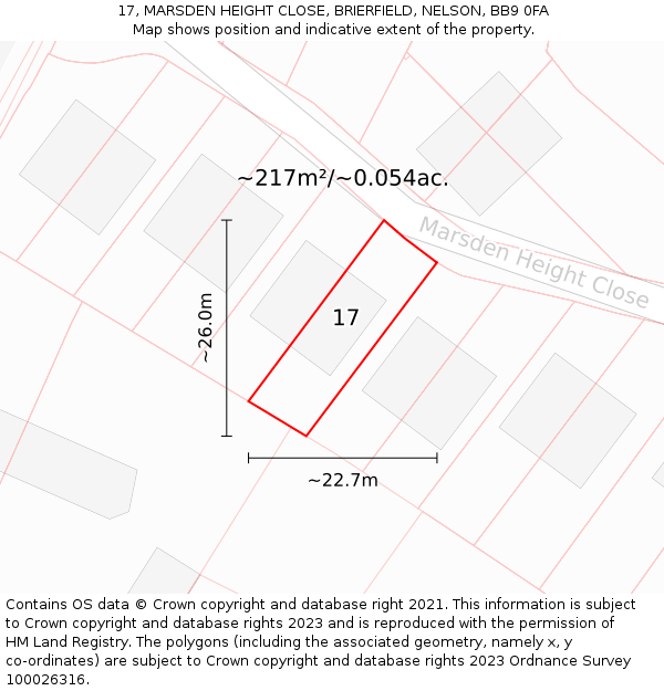 17, MARSDEN HEIGHT CLOSE, BRIERFIELD, NELSON, BB9 0FA: Plot and title map