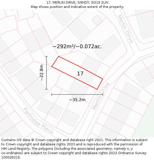 17, MERLIN DRIVE, SANDY, SG19 2UN: Plot and title map