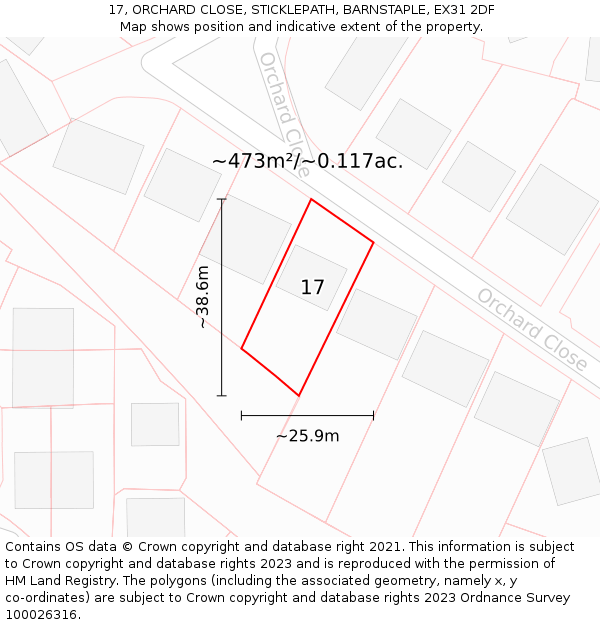 17, ORCHARD CLOSE, STICKLEPATH, BARNSTAPLE, EX31 2DF: Plot and title map