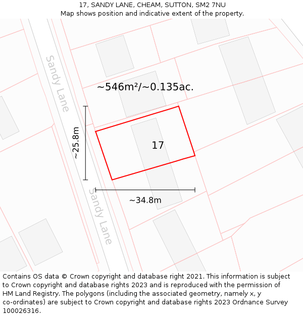 17, SANDY LANE, CHEAM, SUTTON, SM2 7NU: Plot and title map