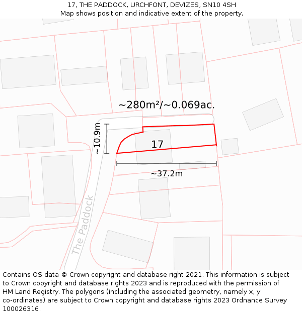 17, THE PADDOCK, URCHFONT, DEVIZES, SN10 4SH: Plot and title map