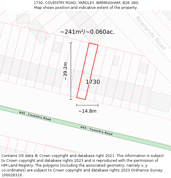 1730, COVENTRY ROAD, YARDLEY, BIRMINGHAM, B26 1BG: Plot and title map