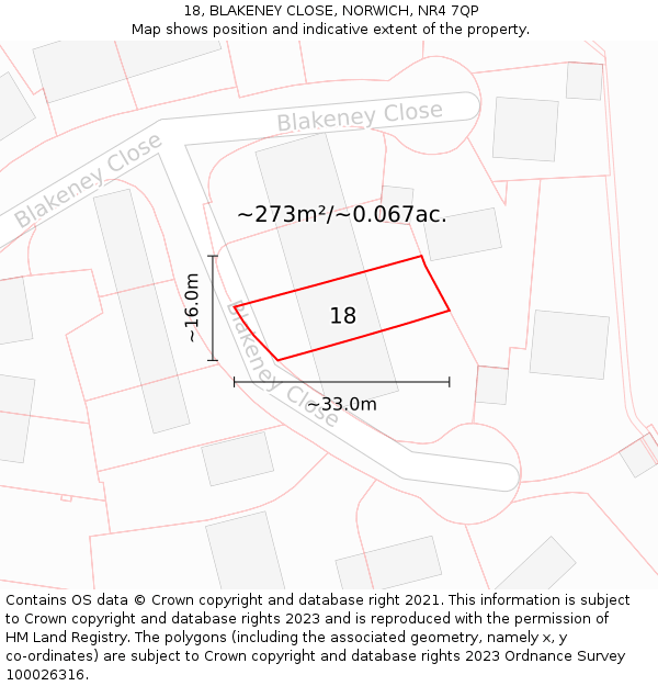 18, BLAKENEY CLOSE, NORWICH, NR4 7QP: Plot and title map