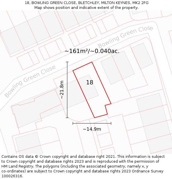 18, BOWLING GREEN CLOSE, BLETCHLEY, MILTON KEYNES, MK2 2FG: Plot and title map