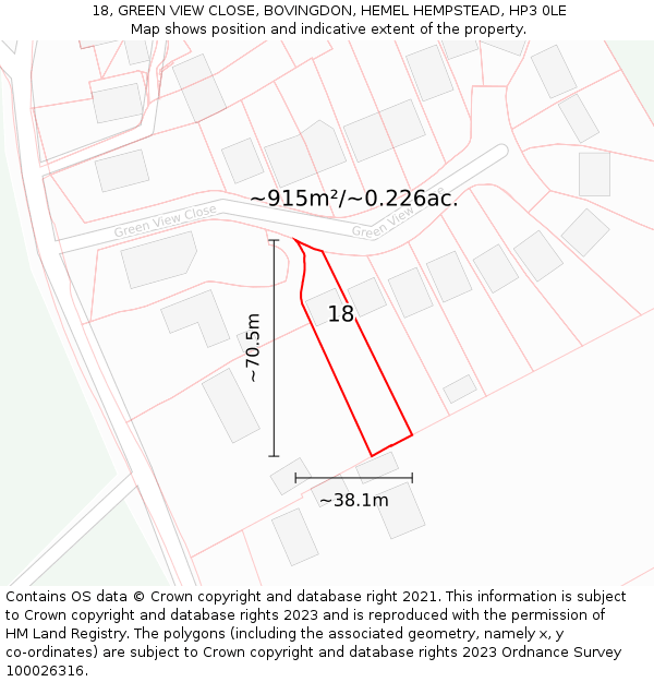 18, GREEN VIEW CLOSE, BOVINGDON, HEMEL HEMPSTEAD, HP3 0LE: Plot and title map