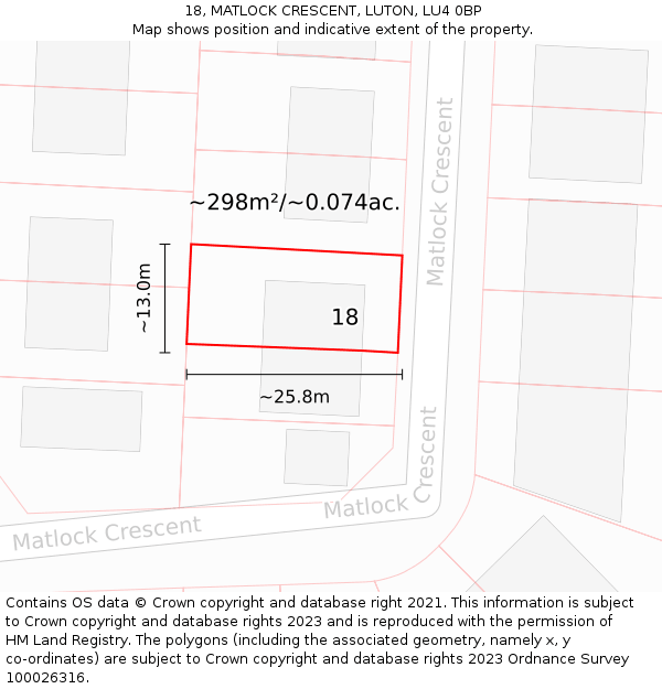 18, MATLOCK CRESCENT, LUTON, LU4 0BP: Plot and title map