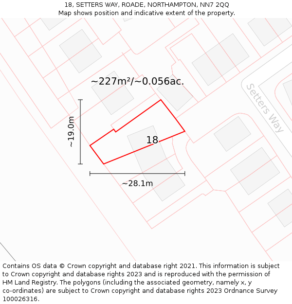 18, SETTERS WAY, ROADE, NORTHAMPTON, NN7 2QQ: Plot and title map