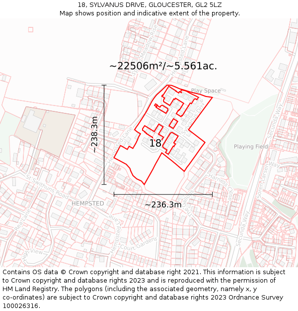 18, SYLVANUS DRIVE, GLOUCESTER, GL2 5LZ: Plot and title map