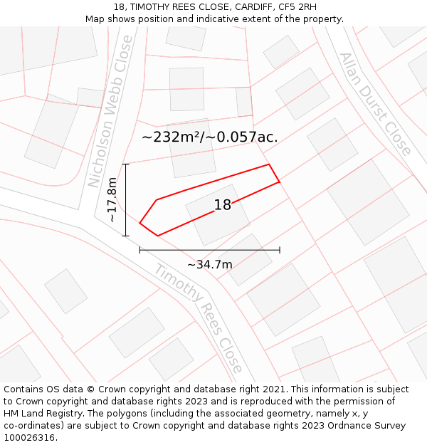 18, TIMOTHY REES CLOSE, CARDIFF, CF5 2RH: Plot and title map