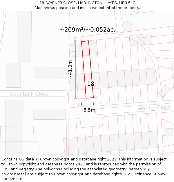 18, WARNER CLOSE, HARLINGTON, HAYES, UB3 5LG: Plot and title map