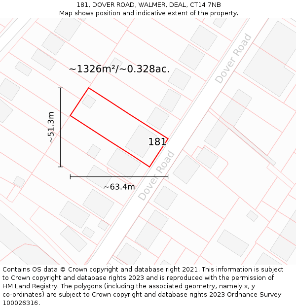 181, DOVER ROAD, WALMER, DEAL, CT14 7NB: Plot and title map