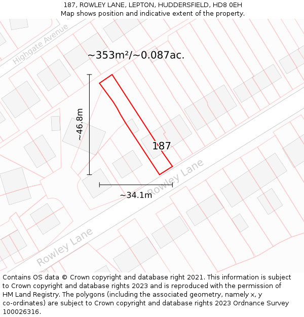 187, ROWLEY LANE, LEPTON, HUDDERSFIELD, HD8 0EH: Plot and title map