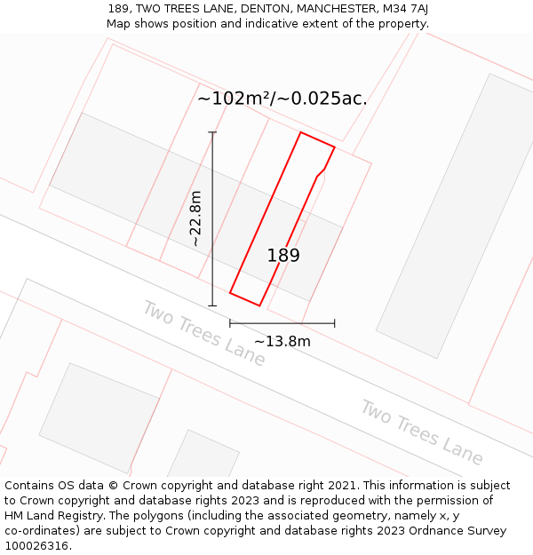 189, TWO TREES LANE, DENTON, MANCHESTER, M34 7AJ: Plot and title map