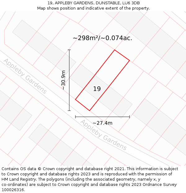 19, APPLEBY GARDENS, DUNSTABLE, LU6 3DB: Plot and title map