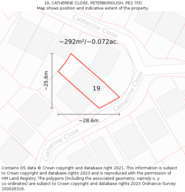 19, CATHERINE CLOSE, PETERBOROUGH, PE2 7FD: Plot and title map