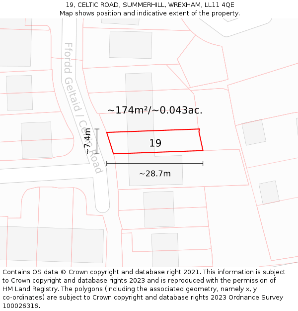 19, CELTIC ROAD, SUMMERHILL, WREXHAM, LL11 4QE: Plot and title map