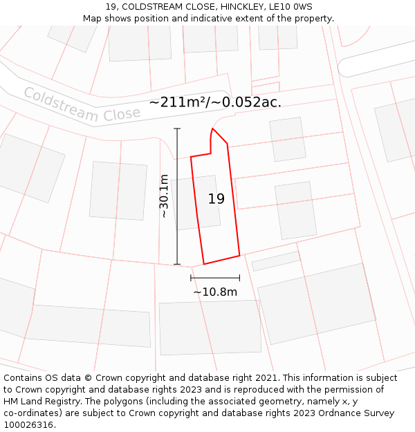 19, COLDSTREAM CLOSE, HINCKLEY, LE10 0WS: Plot and title map