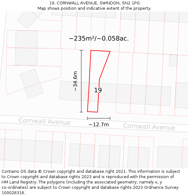 19, CORNWALL AVENUE, SWINDON, SN2 1PG: Plot and title map