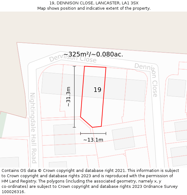 19, DENNISON CLOSE, LANCASTER, LA1 3SX: Plot and title map