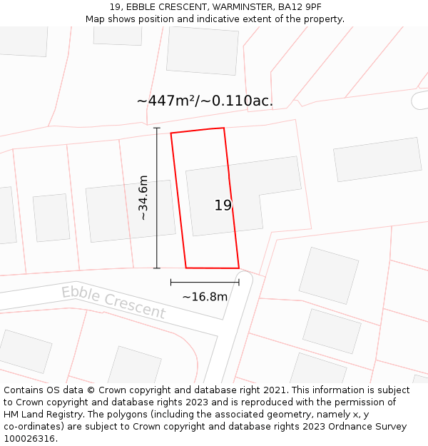 19, EBBLE CRESCENT, WARMINSTER, BA12 9PF: Plot and title map