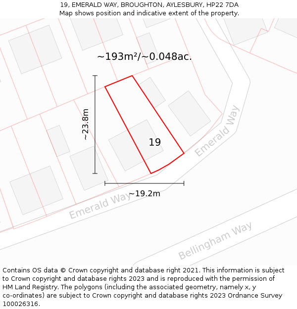 19, EMERALD WAY, BROUGHTON, AYLESBURY, HP22 7DA: Plot and title map