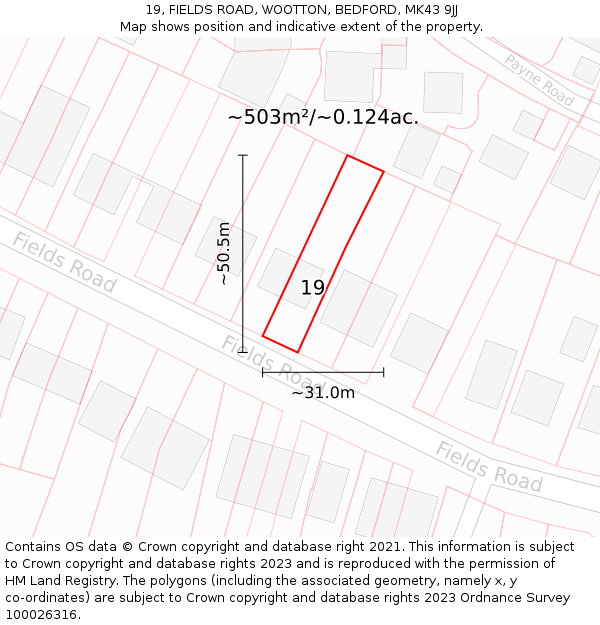 19, FIELDS ROAD, WOOTTON, BEDFORD, MK43 9JJ: Plot and title map