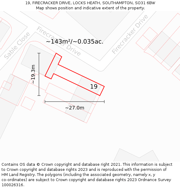 19, FIRECRACKER DRIVE, LOCKS HEATH, SOUTHAMPTON, SO31 6BW: Plot and title map
