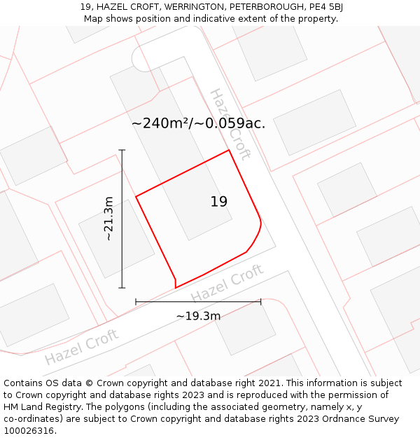 19, HAZEL CROFT, WERRINGTON, PETERBOROUGH, PE4 5BJ: Plot and title map