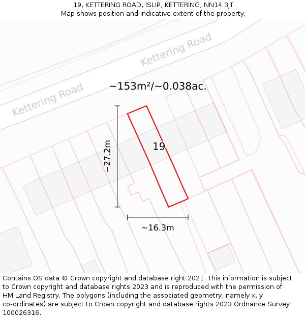 19, KETTERING ROAD, ISLIP, KETTERING, NN14 3JT: Plot and title map