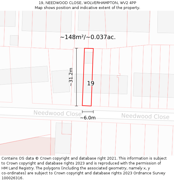 19, NEEDWOOD CLOSE, WOLVERHAMPTON, WV2 4PP: Plot and title map