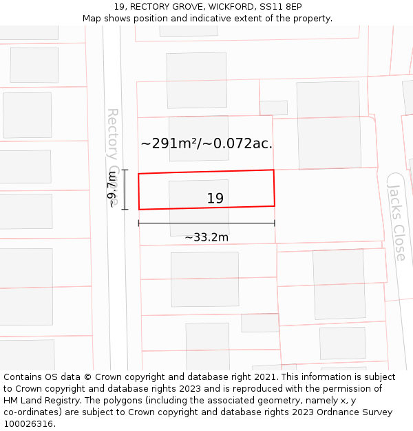 19, RECTORY GROVE, WICKFORD, SS11 8EP: Plot and title map