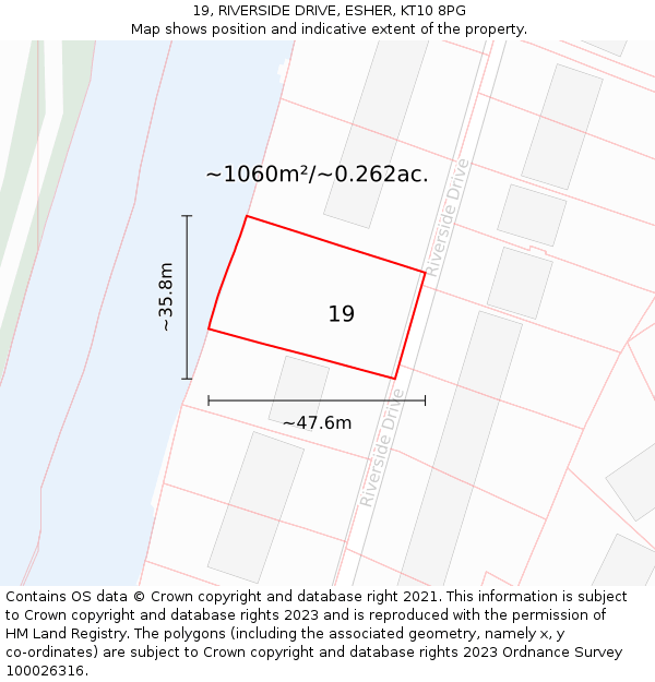 19, RIVERSIDE DRIVE, ESHER, KT10 8PG: Plot and title map