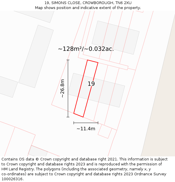 19, SIMONS CLOSE, CROWBOROUGH, TN6 2XU: Plot and title map