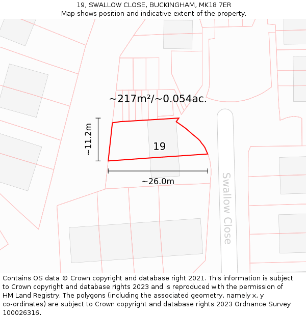 19, SWALLOW CLOSE, BUCKINGHAM, MK18 7ER: Plot and title map