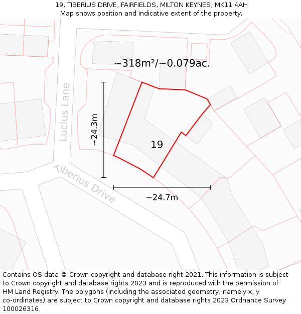 19, TIBERIUS DRIVE, FAIRFIELDS, MILTON KEYNES, MK11 4AH: Plot and title map