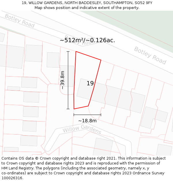 19, WILLOW GARDENS, NORTH BADDESLEY, SOUTHAMPTON, SO52 9FY: Plot and title map