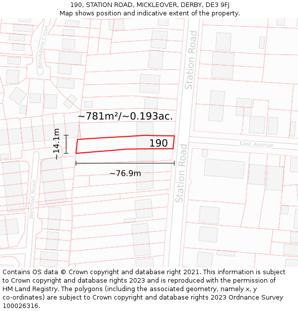 190, STATION ROAD, MICKLEOVER, DERBY, DE3 9FJ: Plot and title map