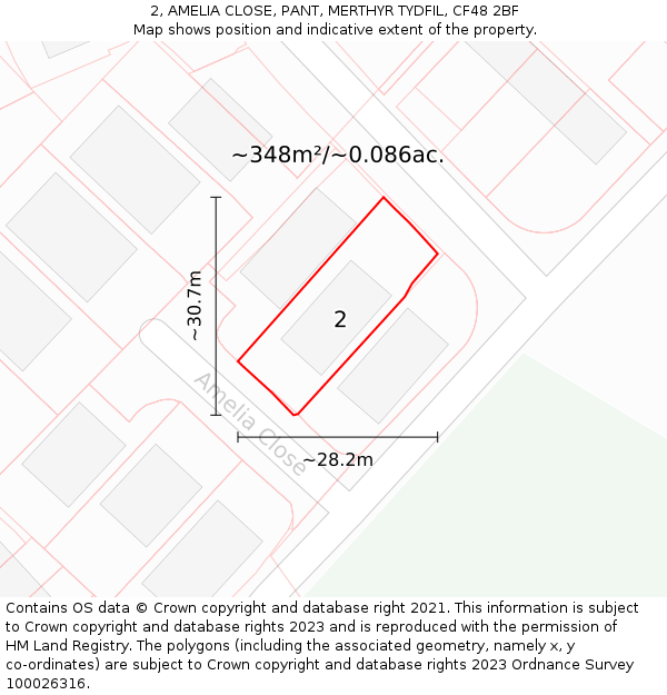 2, AMELIA CLOSE, PANT, MERTHYR TYDFIL, CF48 2BF: Plot and title map