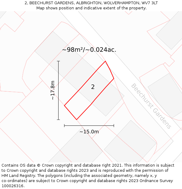 2, BEECHURST GARDENS, ALBRIGHTON, WOLVERHAMPTON, WV7 3LT: Plot and title map