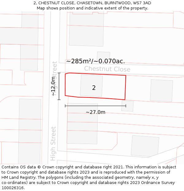 2, CHESTNUT CLOSE, CHASETOWN, BURNTWOOD, WS7 3AD: Plot and title map