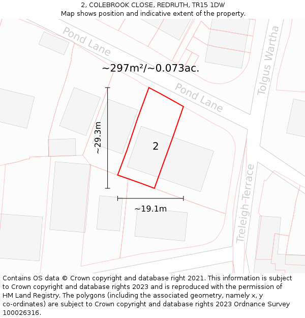 2, COLEBROOK CLOSE, REDRUTH, TR15 1DW: Plot and title map
