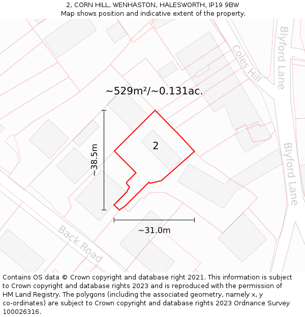 2, CORN HILL, WENHASTON, HALESWORTH, IP19 9BW: Plot and title map