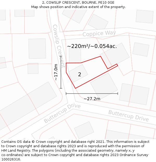 2, COWSLIP CRESCENT, BOURNE, PE10 0GE: Plot and title map