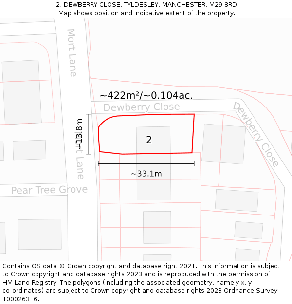 2, DEWBERRY CLOSE, TYLDESLEY, MANCHESTER, M29 8RD: Plot and title map