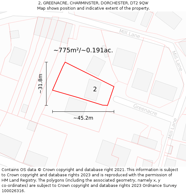 2, GREENACRE, CHARMINSTER, DORCHESTER, DT2 9QW: Plot and title map