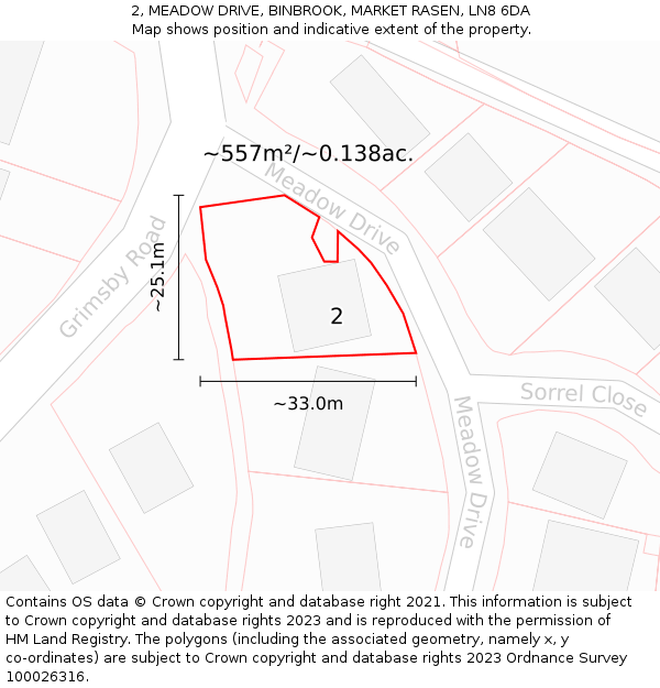 2, MEADOW DRIVE, BINBROOK, MARKET RASEN, LN8 6DA: Plot and title map