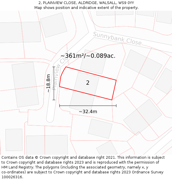 2, PLAINVIEW CLOSE, ALDRIDGE, WALSALL, WS9 0YY: Plot and title map