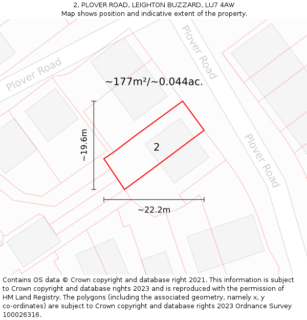 2, PLOVER ROAD, LEIGHTON BUZZARD, LU7 4AW: Plot and title map